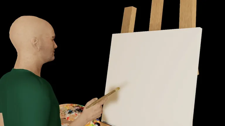 The painter starts brushing on the blank canvas