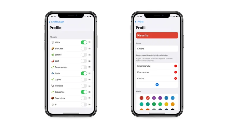 Eatible profile screens: allergy toggles such as milk and fish, and a custom cherry profile with keywords