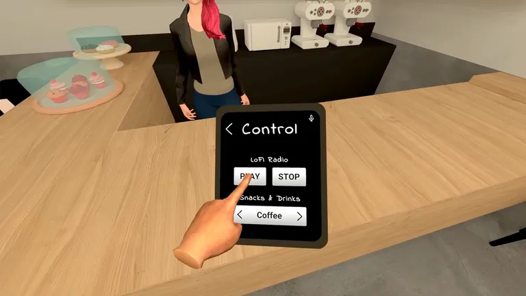 The player's hand presses Play on a tablet that controls the lofi radio and drinks