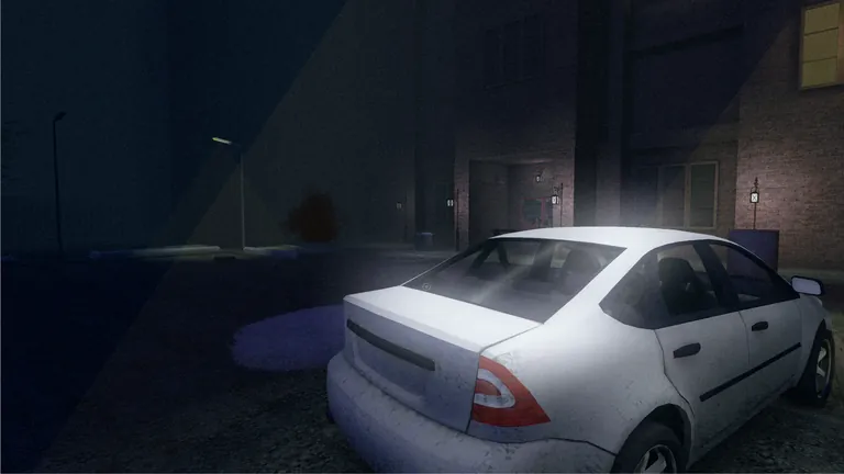 A white car in a dark street at night under a flashlight beam