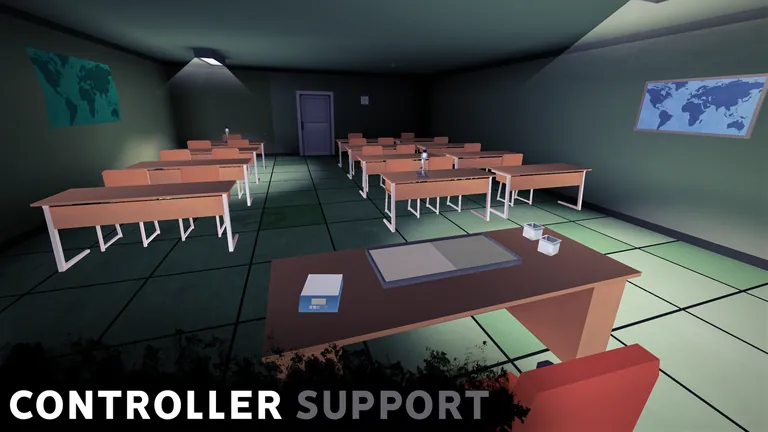 A dim classroom with rows of desks, captioned Controller support