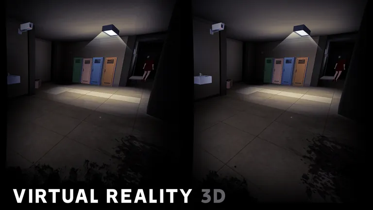 Side-by-side VR view of a locker hallway with the teacher at the far end