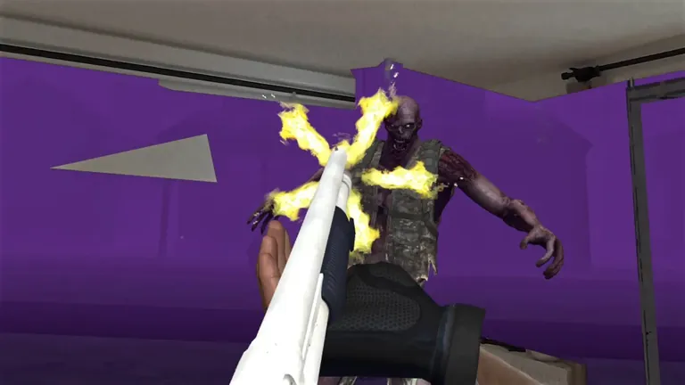 A shotgun blast sets a zombie on fire in front of a purple-lit room