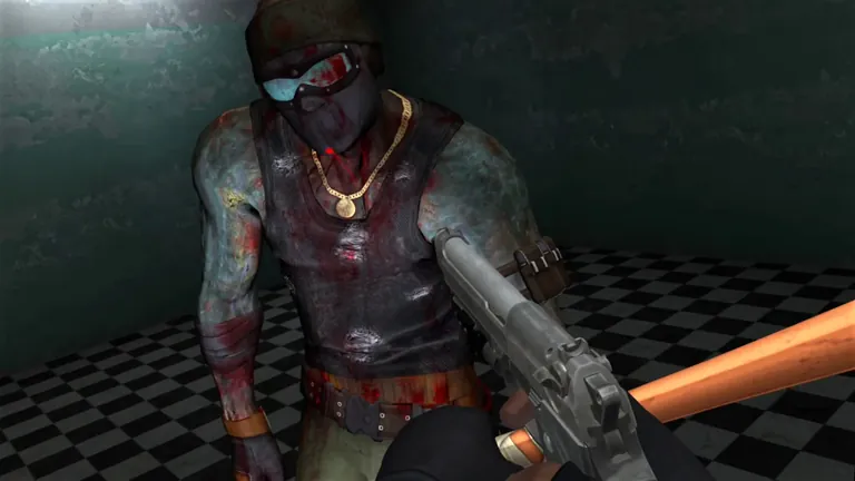 A masked zombie in a blood-stained tank top steps up close on a checkered floor