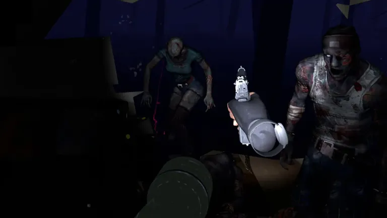 Two zombies close in out of the dark while the player aims a pistol
