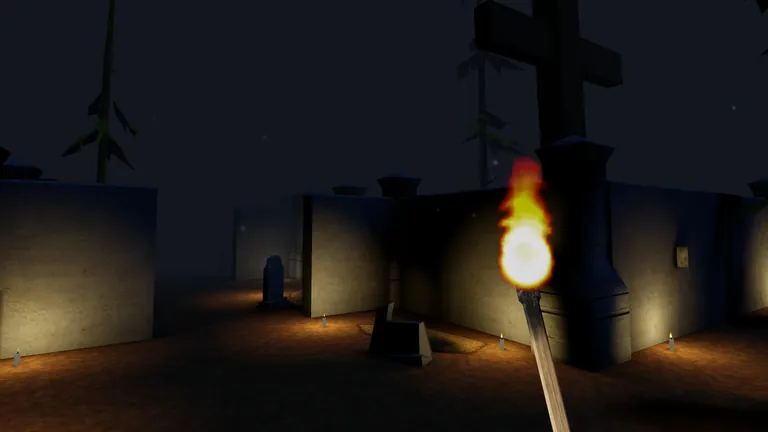 The player holds a burning torch in a night-time graveyard