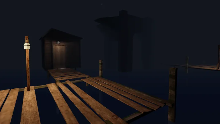 A wooden jetty leading to a small shed on dark water