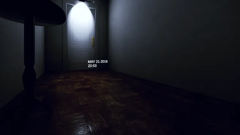A dark hotel corridor with a door lit from above and a timestamp on screen