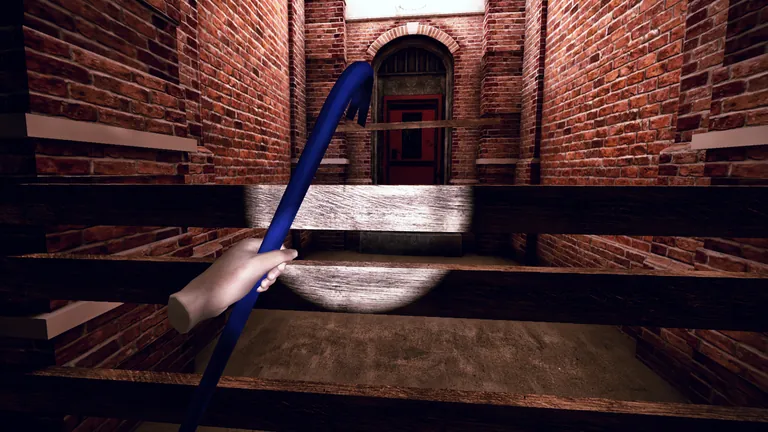 The player holds a crowbar in a brick hallway with a boarded-up floor